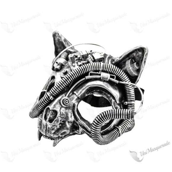 Silver Steampunk Robot Skull Cat Face Halloween Party Costume Face Mask - Picture 2 of 3